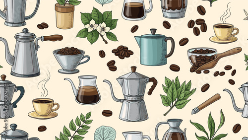 Seamless pattern of coffee brewing equipment including moka pots, kettles, cups, and beans mixed with green leaves on a light beige base.
