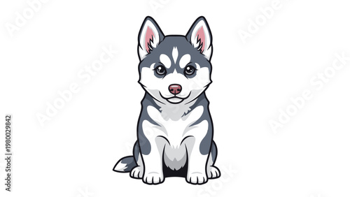 Cute siberian husky puppy sitting and looking forward with large eyes and a calm expression on a white background.