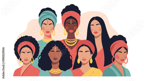 Beautiful portraits of diverse women wearing traditional colorful headwraps and saris showcasing heritage and unity in a modern art style.