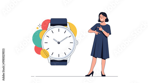 Modern flat illustration of a woman in a dark dress pointing towards a large wristwatch representing time management and punctuality.