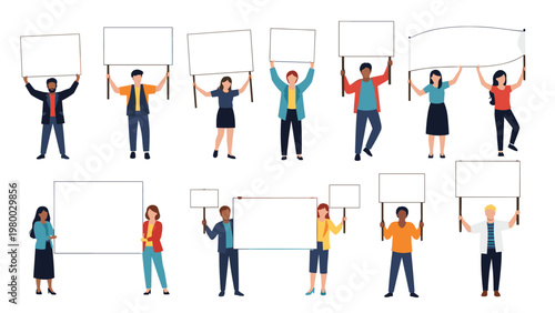 Group of diverse people holding up various blank placards, banners, and signs ready for custom messages and social protest concepts.