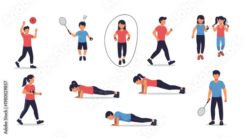 Set of people performing various sports and exercises including basketball, badminton, running, and fitness routines like push-ups.