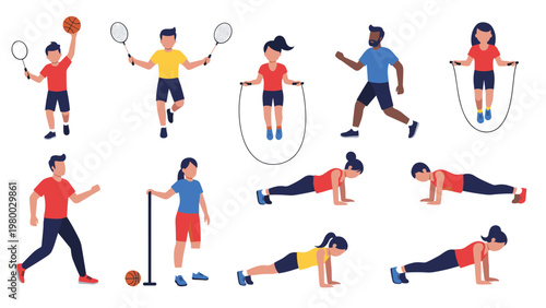 Collection of athletes and fitness enthusiasts engaged in activities like rope skipping, running, basketball, and bodyweight exercises.