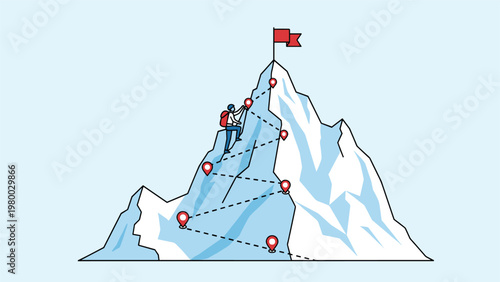 Determined mountain climber scaling a snowy peak following a path of checkpoints towards a red victory flag at the very top.