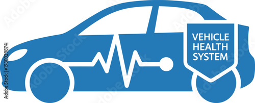 Vehicle health system monitoring concept showing car profile with heartbeat pulse and shield symbol.