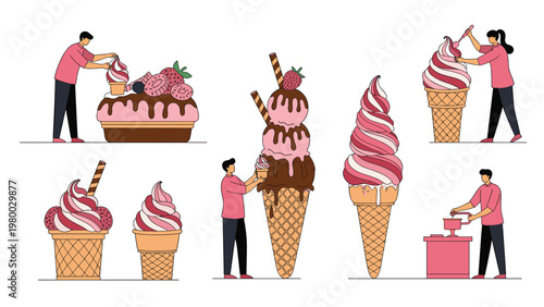 Playful concept with miniature people decorating and serving enormous ice cream treats, sundaes, and soft serve cones in vibrant pink.