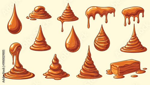 Delicious collection of liquid caramel or chocolate drips and dollops in various flowing shapes including swirls and coating a bar.