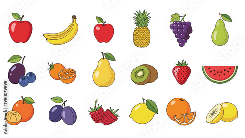 Selection of diverse fresh fruits in a clean flat style including apples, bananas, grapes, pineapple, and berries for healthy eating concepts.