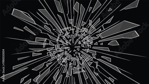Shattered glass effect with sharp shards radiating from a central point creates a sense of impact and destruction.