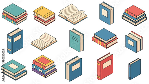 Large collection of books in different formats including stacks, open books, and hardcovers for educational and library themes.