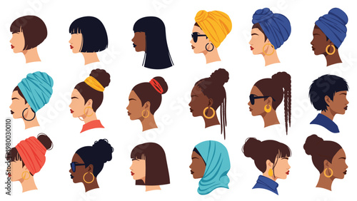 Portraits of diverse women in profile show a variety of hairstyles, skin tones, and headwraps to celebrate femininity.