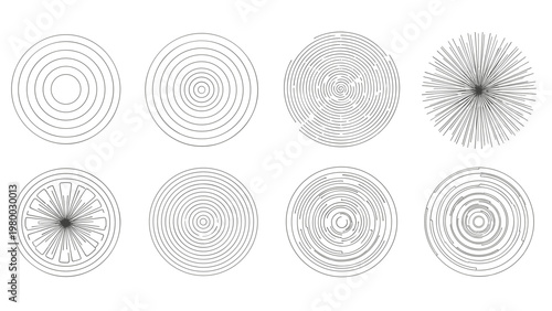 Collection of circular graphic patterns and textures explores different line weights and arrangements for abstract design.