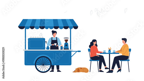 Mobile coffee cart service with a barista serving a couple at an outdoor table creates a charming cafe scene.