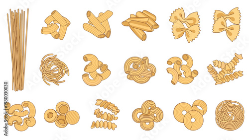 Selection of various pasta shapes including spaghetti, penne, and farfalle is illustrated in a warm golden color.