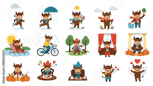 Cute bull cartoon character in various seasonal activities and festive situations including skating, cycling, and celebrating holidays.