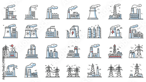Collection of industrial factory icons and power plant symbols representing different types of energy production and manufacturing facilities.