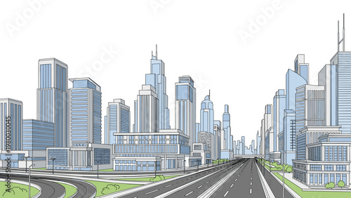 Panoramic view of a modern city with tall skyscrapers and a multi-lane highway represents urban development.