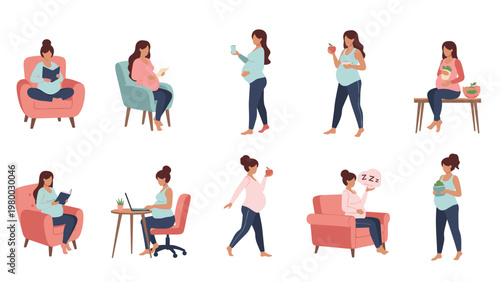 Diverse group of pregnant women engaged in various daily lifestyle activities such as reading, working, eating healthy snacks, and relaxing.