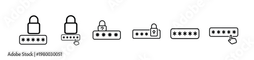 Password and security login web line icons set featuring padlock field, account privacy, secure input, digital encryption, safety code, and more Vector Illustration with editable stroke.