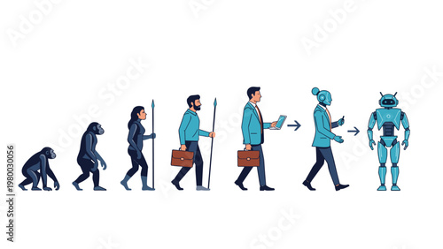 Modern concept of human evolution depicted from early primates through modern business professionals to advanced artificial intelligence and robotics.