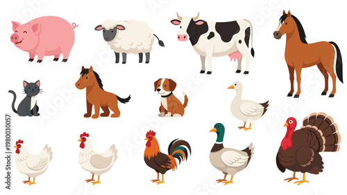 Large set of domestic farm animals and birds including a pig, sheep, cow, horse, dog, cat, and various poultry species on white.