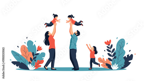 Happy family with parents playfully tossing their children in the air while standing in a garden with decorative colorful leaves and flowers.
