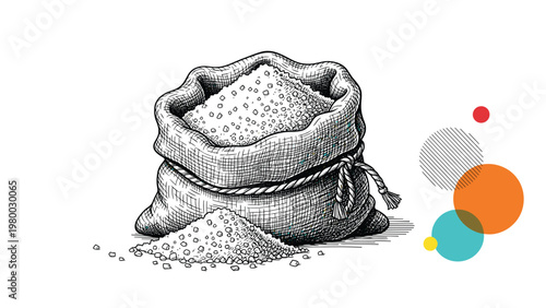 Hand drawn sketch of a burlap sack overflowing with white crystalline substance like salt or sugar with decorative abstract circles on the side.