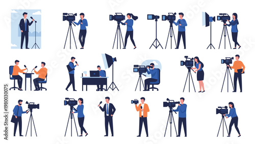 Professional media production team icons showing news anchors, reporters with microphones, camera operators, and lighting technicians at work.