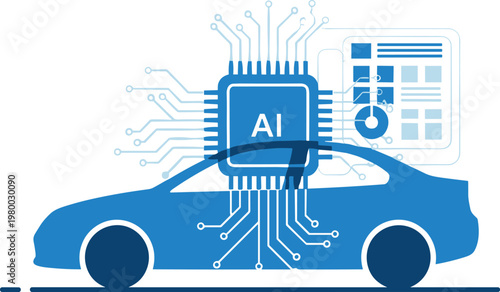 Artificial intelligence microchip integrated with modern car silhouette for smart vehicle computing.