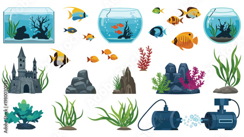 Comprehensive set of aquarium elements including glass tanks, various tropical fish species, underwater plants, decorative rocks, and filtration equipment.