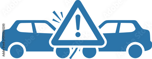 Car accident collision warning symbol with alert triangle and exclamation mark for emergency safety.