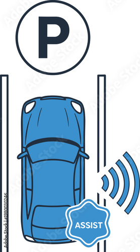 Car parking assist system with sensors and warning signals for safety and guidance.