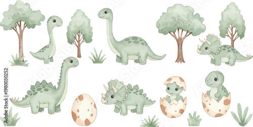 Funny cartoon vector illustration of a wild baby dinosaur with a chicken and eggs, a yellow Easter bunny, and a green snake in a blue nature zoo