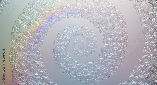 Abstract Macro of Dense Iridescent Soap Bubbles in a Spiral Pattern with Refractive Light Effects