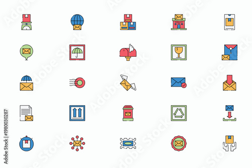 Logistics delivery and post office mail icons set
