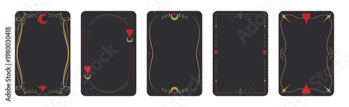 Set of decoration frames for tarot cards. Tarot frame templates decorated with red hearts and celestial elements. Vector illustration