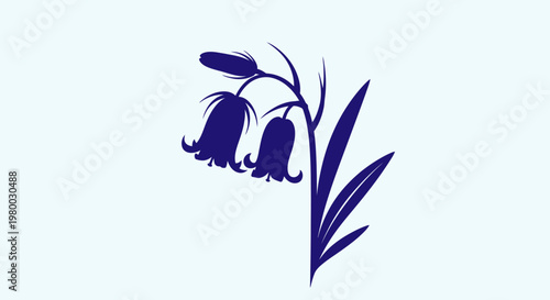 Dark blue flower graphic with two drooping bell shaped blooms and leaves on light background