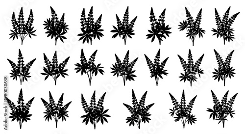 Black silhouettes of lavender flowers on white background floral pattern botanical design decorative elements nature inspired artistic arrangement