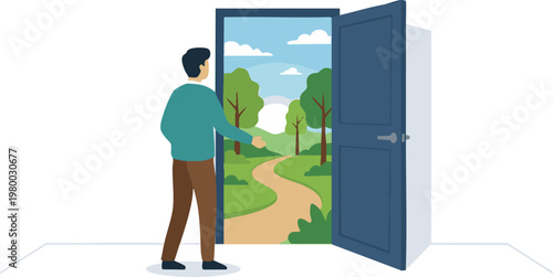 Man Walking Through Door into Nature Landscape