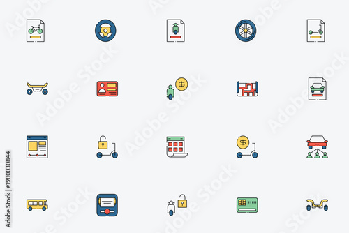 Micro mobility and urban vehicle sharing line icon set