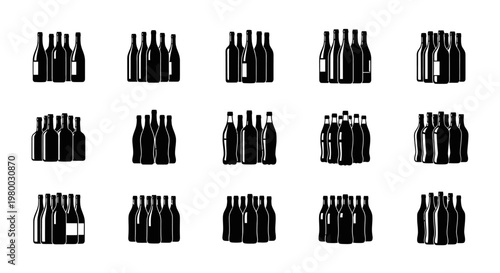 Collection of assorted wine and beverage bottle silhouettes on white background for design and decoration