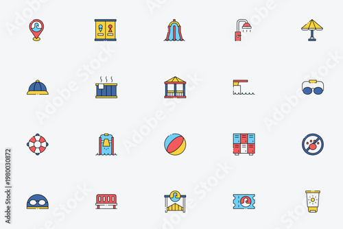 Water park swimming pool and summer vacation icon set