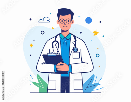 Smiling doctor with clipboard and stethoscope.