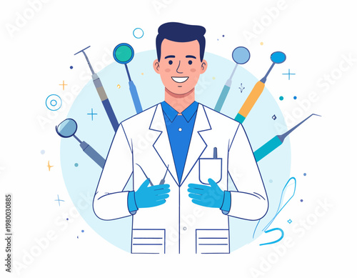 Smiling dentist in white coat holding tools.