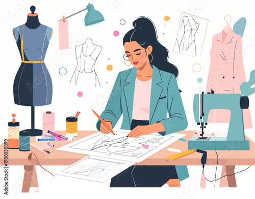 Woman creating fashion design sketches.