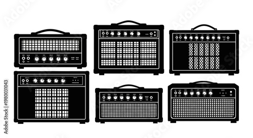 Six black guitar amplifiers with various knobs and grills on white background for music equipment concept