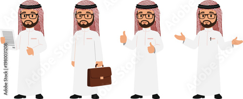 Arab Businessman Character Illustration Set Featuring Different Poses and Expressions for Professional, Corporate, and Office Concepts