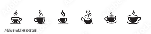 Various coffee and tea cup icons with steam denoting hot drinks and comfort for home and cafes