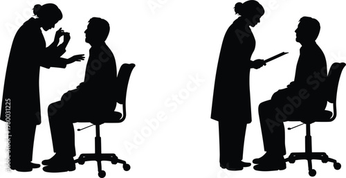 Doctor examining patient in medical office silhouettes, healthcare consultation and clinical professional checkup concept