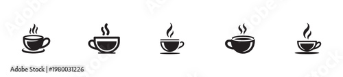 Various coffee cup icons with steam signifying hot drinks for breakfast and cafe enjoyment